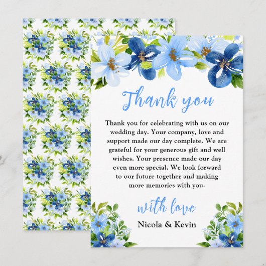 Blue and Navy Flowers with Foliage  Dankeskarte (Vorne/Hinten)