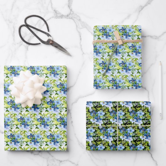 Blue and Navy Flowers with Foliage Geschenkpapier Set (Vorderseite)