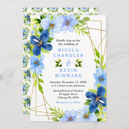 Blue and Navy Flowers with Foliage Wedding Einladung (Vorne/Hinten)