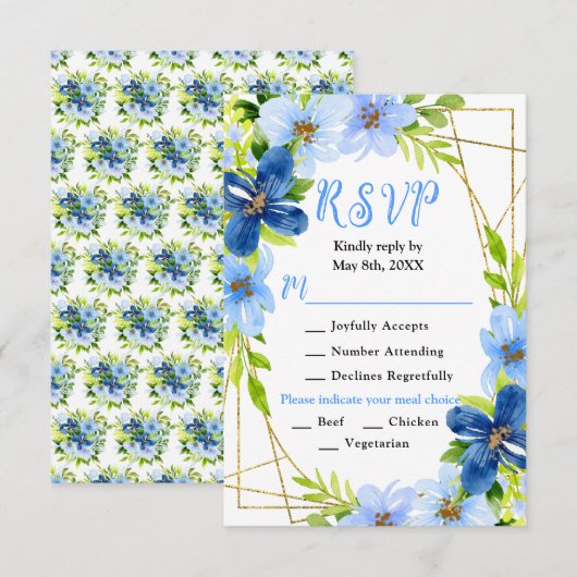 Blue and Navy Flowers with Foliage Wedding RSVP Karte (Vorne/Hinten)
