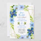 Blue and Navy Flowers with Foliage Wedding Save The Date (Vorderseite)