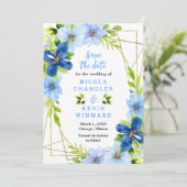 Blue and Navy Flowers with Foliage Wedding Save The Date (Stehend Vorderseite)