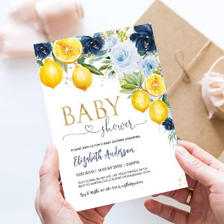 Blue and Navy Lemon Citrus Floral Baby Shower Einladung