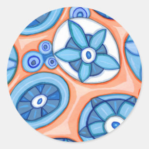 Blue and Orange Abstract Flowers Original painting Runder Aufkleber