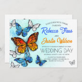 Blue and Orange Butterflies Morpho Monarch Einladung (Vorne/Hinten)