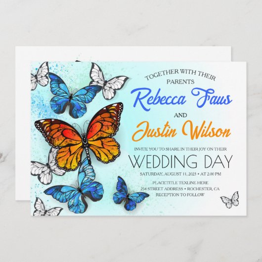 Blue and Orange Butterflies Morpho Monarch Einladung (Vorne/Hinten)