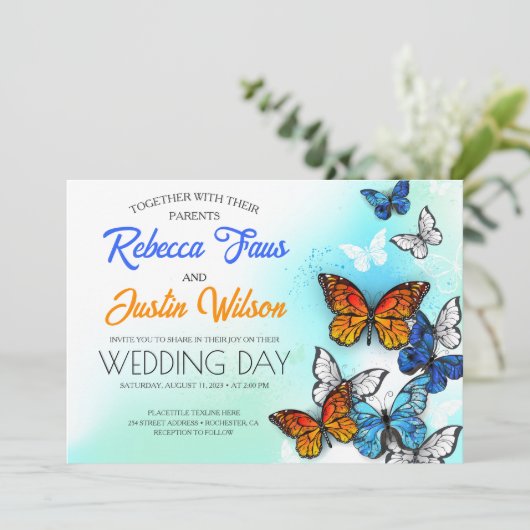 Blue and Orange Butterflies Morpho Monarch Einladung (Stehend Vorderseite)