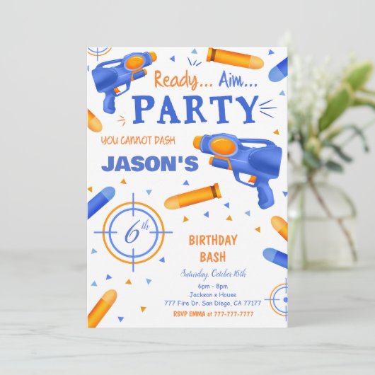 Blue and Orange Dart Gun Einladung (Stehend Vorderseite)