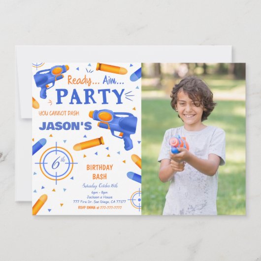 Blue and Orange Dart Gun Foto Einladung (Vorderseite)