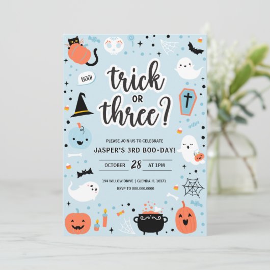 Blue and Orange Halloween 3rd Birthday Invitation Einladung (Stehend Vorderseite)