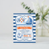 Blue and Orange Nautical Baby Dusche Einladungspostkarte (Stehend Vorderseite)