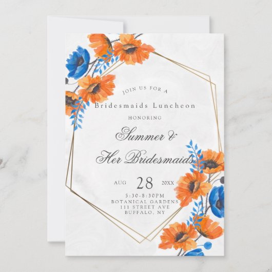 Blue and Orange Poppy Bridesmaids Luncheon Einladung (Vorderseite)