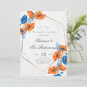 Blue and Orange Poppy Bridesmaids Luncheon Einladung (Stehend Vorderseite)