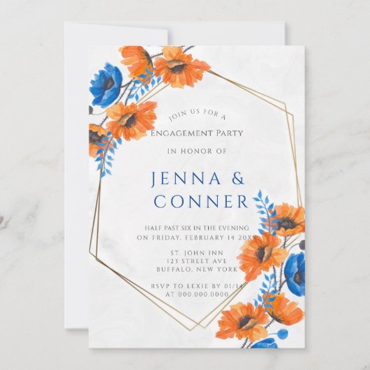 Blue and Orange Poppy Engagement Party Einladung (Vorderseite)