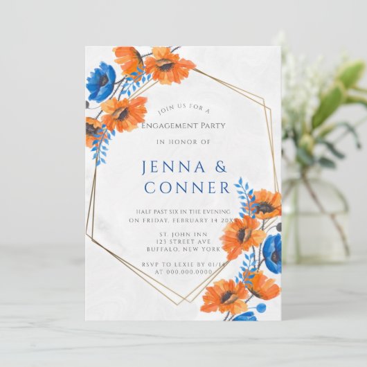 Blue and Orange Poppy Engagement Party Einladung (Stehend Vorderseite)