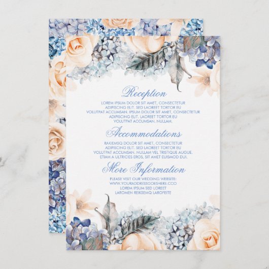 Blue and Peach Floral Wedding Information Guest Begleitkarte (Vorne/Hinten)