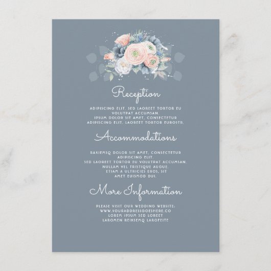 Blue and Peach Floral Wedding Information Guest Begleitkarte (Vorderseite)
