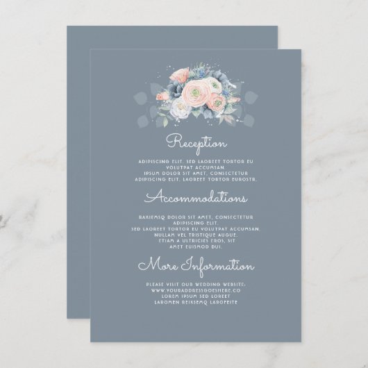 Blue and Peach Floral Wedding Information Guest Begleitkarte (Vorne/Hinten)