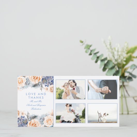 Blue and Peach Floral Wedding Vielen Dank Dankeskarte (Stehend Vorderseite)