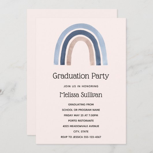 Blue and Peach Rainbow Boho Design Abschluss Einladung (Vorne/Hinten)