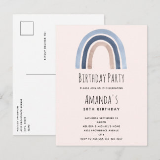 Blue and Peach Rainbow Boho Design Geburtstag Einladungspostkarte