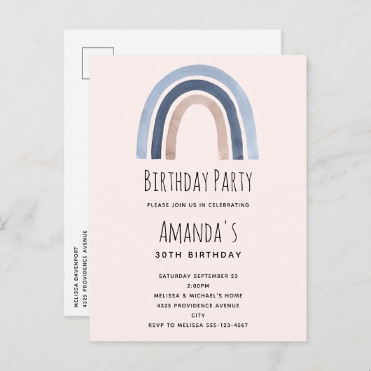 Blue and Peach Rainbow Boho Design Geburtstag Einladungspostkarte (Vorne/Hinten)