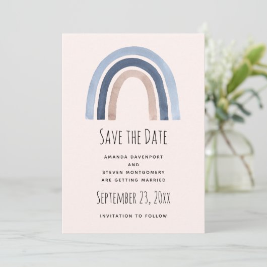 Blue and Peach Rainbow Boho Design Save The Date (Stehend Vorderseite)