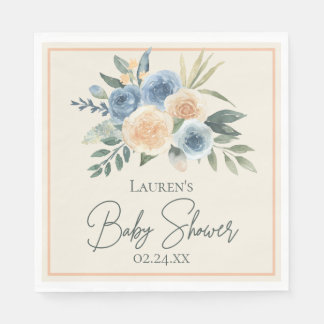Blue and Peach Watercolor Floral Baby Dusche Serviette