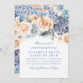 Blue and Peach Watercolor Florals Graduation Party Einladung (Vorne/Hinten)