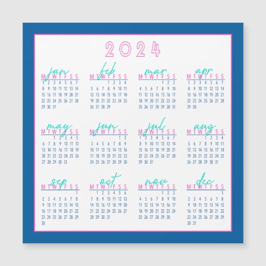 Blue and Pink 2024 Montag-Start Kalender Magnet (Vorderseite)