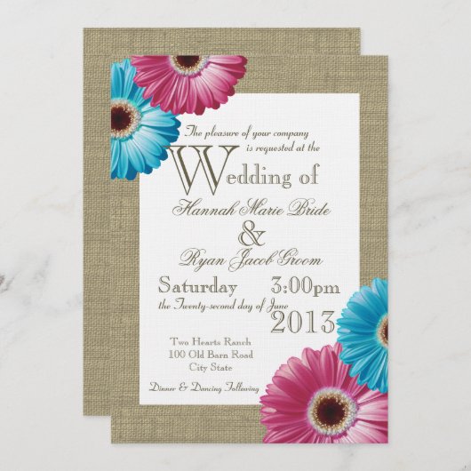 Blue and Pink Daisies Einladung (Vorne/Hinten)