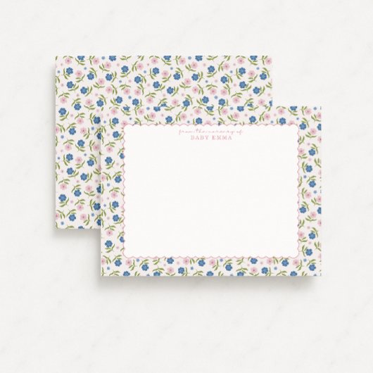 Blue and Pink Floral Hand Drawn Scallop note card Einladung