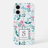 Blue and Pink Floral Pattern with Monogram Name iPhone 16 Hülle (Rückseite)