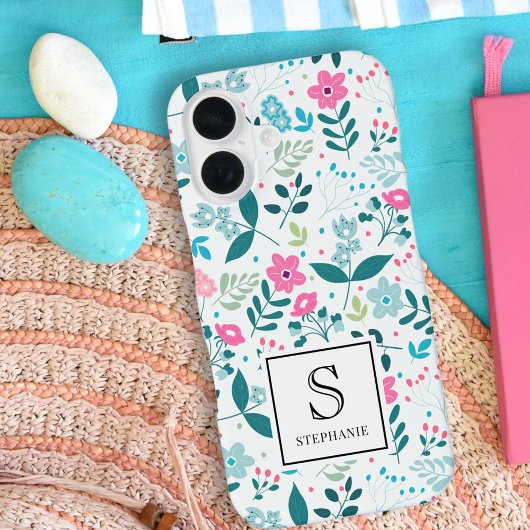 Blue and Pink Floral Pattern with Monogram Name iPhone 16 Hülle