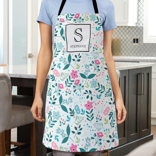 Blue and Pink Floral Pattern with Monogram & Name Schürze