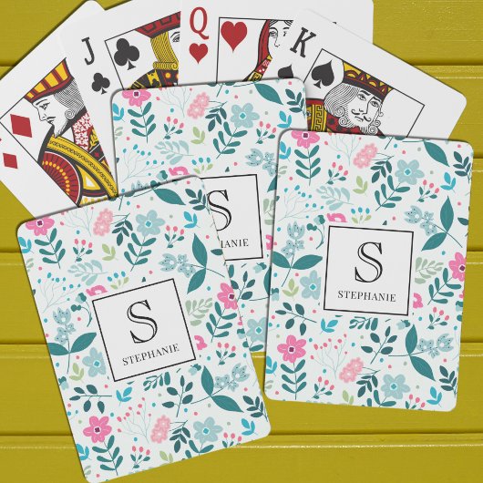 Blue and Pink Floral Pattern with Monogram Name Spielkarten