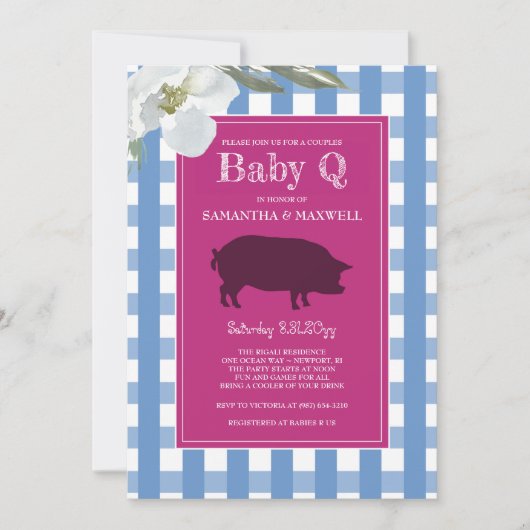 Blue and Pink Gingham Baby Q Einladung (Vorderseite)