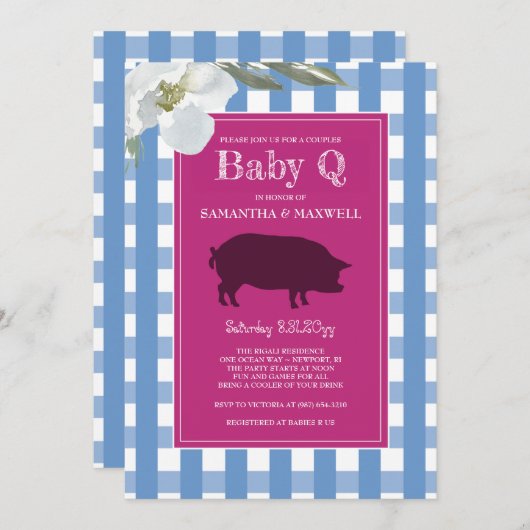 Blue and Pink Gingham Baby Q Einladung (Vorne/Hinten)