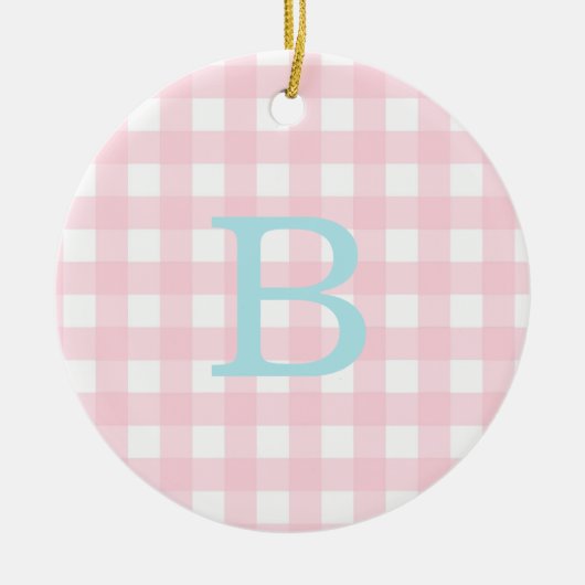 Blue and Pink Gingham Monogram Keramik Ornament (Vorne)