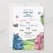 Blue and Pink Golf Theme Gender Reveal Par T-Shirt Einladung (Vorderseite)