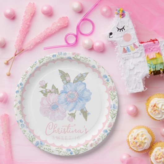 Blue and Pink Grandmillennial Floral Sweet 16 Pappteller (Party)