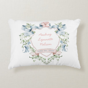 Blue and Pink Grandmillennial Ribbon Wappen Baby Dekokissen