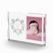 Blue and Pink Grandmillennial Ribbon Wappen Baby Fotoblock (Rechts)