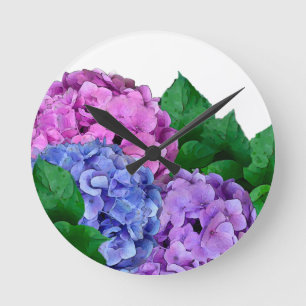 Blue and Pink Hydrangea Flowers Runde Wanduhr
