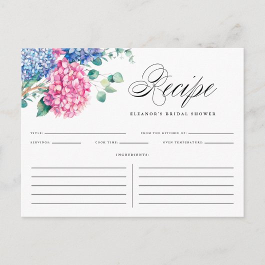 Blue and Pink Hydrangeas Brautparty Rezept Card Postkarte (Vorderseite)