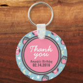 Blue and Pink Owl Birthday Danke Schlüsselanhänger (Vorderseite)
