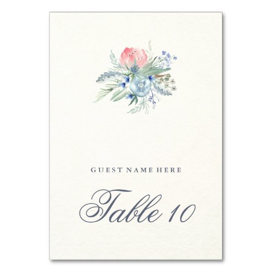 Blue and Pink Peonies Wedding Escort Card Tischnummer (Vorderseite)