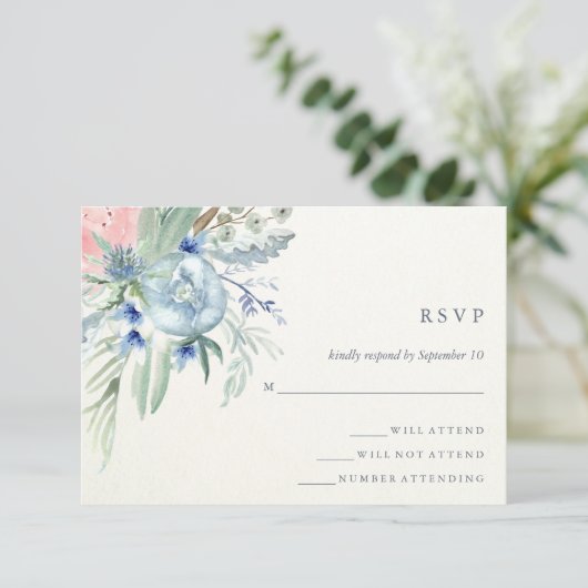 Blue and Pink Peony Watercolor Wedding RSVP (Stehend Vorderseite)