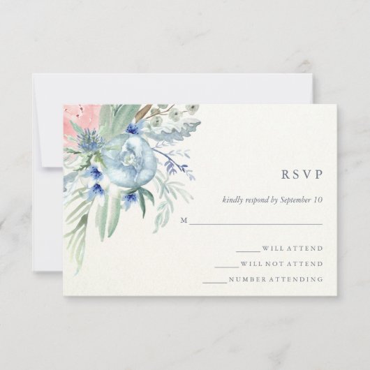 Blue and Pink Peony Watercolor Wedding RSVP Karte (Vorderseite)