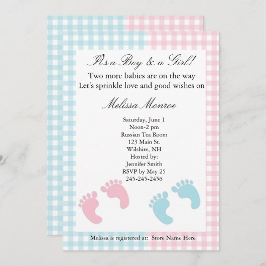 Blue and Pink Twins Sprinkle Dusche Einladung (Vorne/Hinten)